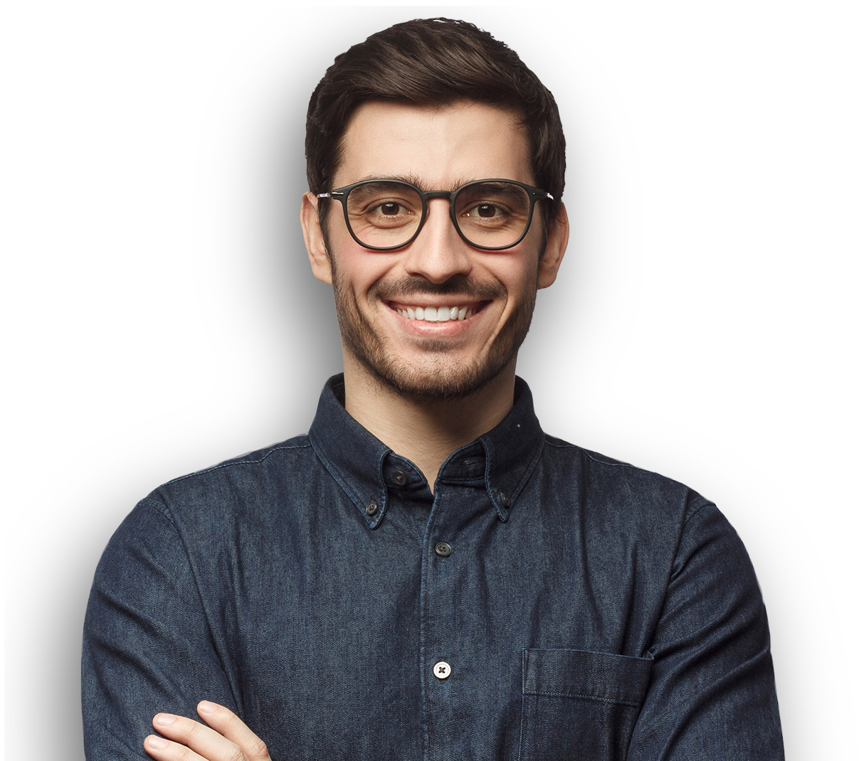 Developers Hero v1@2x Handsome man with glasses smiling with arms folded