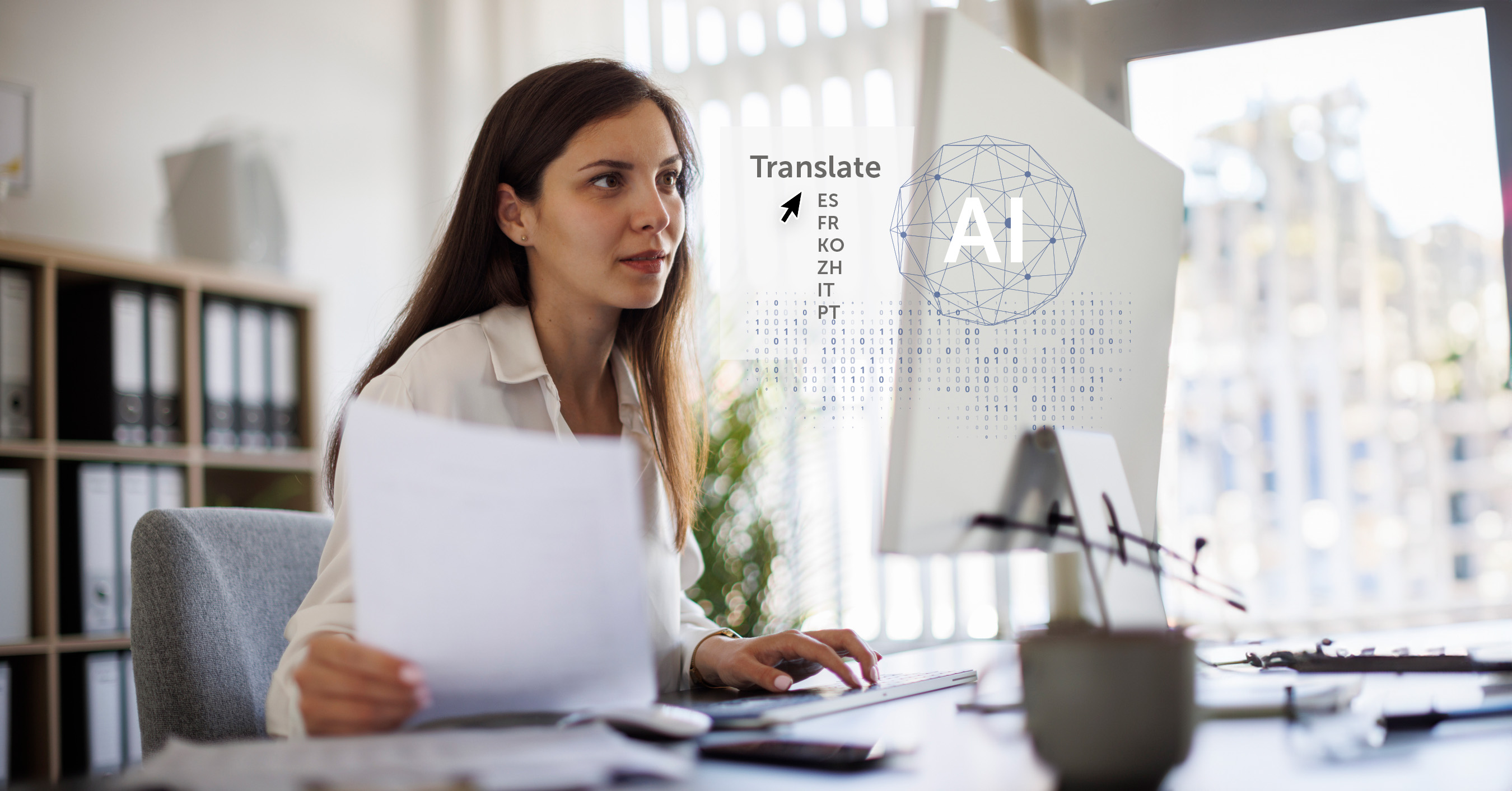 Woman Translating Paper Computer